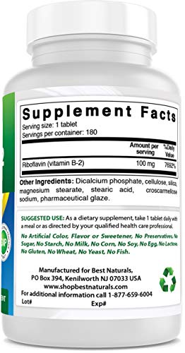 Best Naturals Vitamin B2 (Riboflavin) 100 Mg 180 Tablets - Premium Formula - 3Rd Party Lab Tested #TOP4