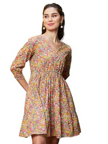 Image of Globus Women Blue Printed Causal V-Neck A-Line Ethnic Dress-3640391001