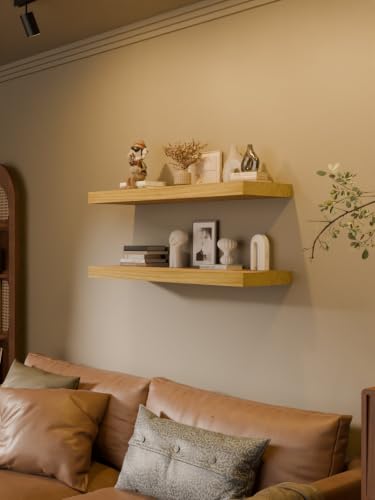 Image of 36-Inch Floating Shelves, Set of 2, 12-Inch Deep Extra-Thick Solid Paulownia Wood Wall Ledges,