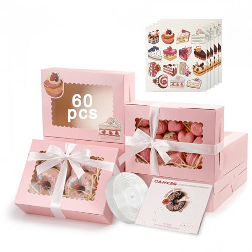 OAMCEG 60 Pack Cookie Boxes with Window, 8x6x2.5 Inch Bakery Treat Boxes for Christmas Holiday Gift Giving, Desserts, Donuts, Pastries-Pink