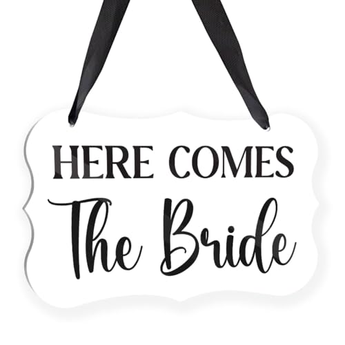 Acrylic Wedding Sign Ring Bearer Sign Here Comes The Bride Sign for Rustic Wedding Decoration Hanging Signs Acrylic Wall Art for Weddings Reception Decorations and Event Party (White)