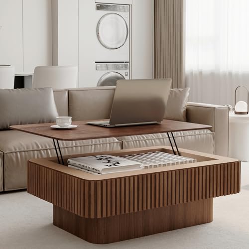 Coffee Table with Lifting Top for Living Room,Mid Century Modern Wood Fluted Lift Top Coffee Tables with Storage,38.6'' Farmhouse Rectangular Lift Pull Up Tabletop for Apartment Office, Office,Walnut