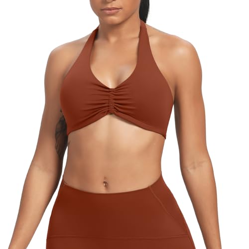 Image of Aoxjox Women's Workout Sports Bras Fitness Taylor Scrunch Halter Bra Yoga Crop Tank (Cherry Mahogany, Small)
