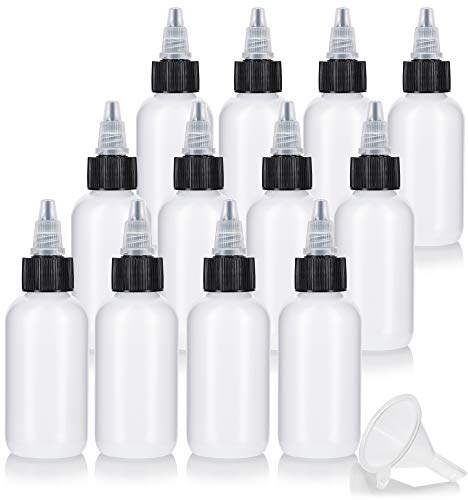 JUVITUS (12 pack) 2 oz Clear Natural Squeeze LDPE Plastic Bottle with Black Twist Top Cap + Funnel
