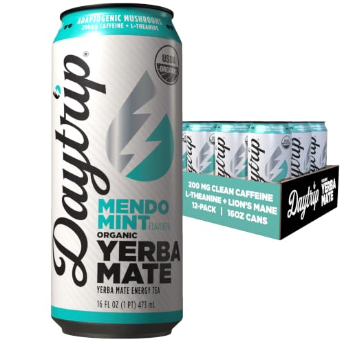 Image of Daytrip Organic Yerba Mate Energy Drink- Clean, Plant Based Caffeine (200mg) with Adaptogenic Mushrooms and Green Tea for Focus and Brain Fog - Low Calorie, Low Sugar (12 Pack Case)
