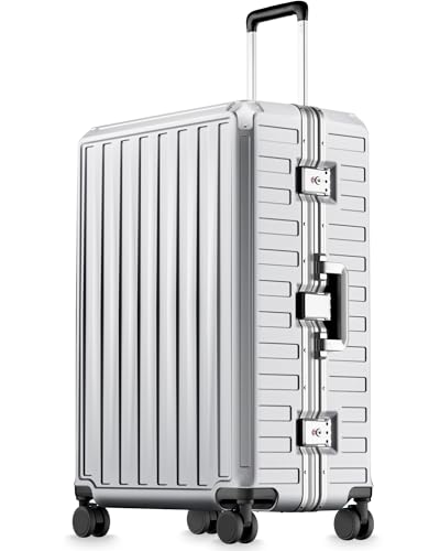 Image of LUGGEX Checked Suitcase with Spinner Wheels, 8010S Aluminum Frame Zipperless Polycarbonate Hard Shell Suitcase (ZX-Core, Silver Ivory, 28 Inch)