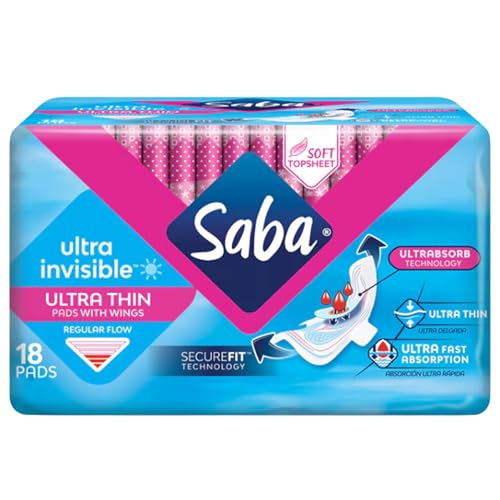 Image of SABA Ultra Invisible Ultra Thin Regular Pads with Wings, SecureFit Technology, 3-Pack of 18 Pads (54 Count)