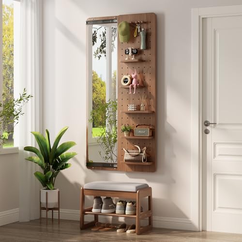 Image of KungFuWood Full Length Mirror with Shelf and Hooks,Entry Way Mirrors for Wall,Wall Mirror with Shelf,Wall Mirror with Storage Multifunctional Design Panel,Living Room (Walnut, 63 inch L x 18 inch W)