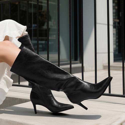 Image of ROSERWISH Women's Knee High Boots Pointed Toe Low Kitten Heel Tall Boots Comfortable Casual Fall Long Boots With Side Zipper