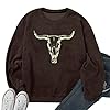 UNIQUEONE Boho Cow Skull Sweatshirt Women Cowgirl Shirt Rodeo Western Country Concert Outfits Nashville Graphic Pullover Tops, Brown-2, XXL #5