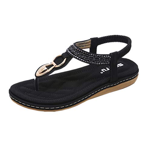 ZOELOVE Damas Chanclas Planas Sandalias Peep Toe Zapatos de Verano Zapatos Elegantes Bohemia Metal Bohemio Rhinestone Clip de niña en el Dedo del pie del Zapato Brillo/Negro,35