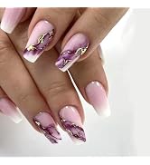 Coffin Press on Nails Medium Fake Nails White Gradient Coffin Nails Press ons with Purple Bloomin...
