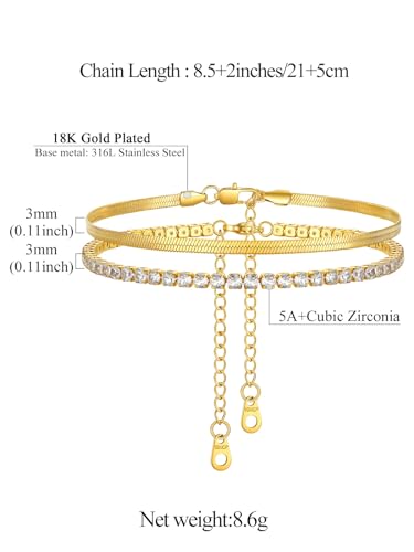 Image of FindChic Black /Silver /Gold Plated Anklets Set of 2PCS /3PCS Herringbone Chain Cuban Link Heart Charm Sparkling Tennis Ankle Bracelets, Waterproof Summer Foot Jewelry for Beach