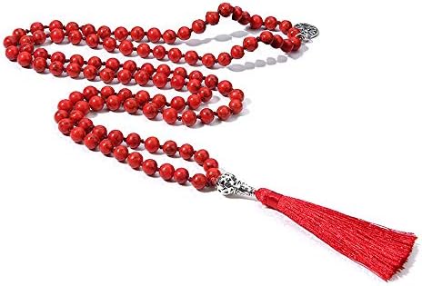 BALIBALI 108 Mala Beads Necklace Semi-Precious Gem Stones Meditation Necklace 108 Hand Knotted Japa Mala Beaded Tassel Necklace with Tree of Life Pendant (Red Turquoise)