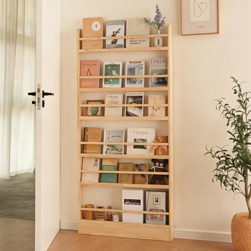 Baveke 6 Tier Behind The Door Bookshelf & Montessori Book Shelf Wall Mount Shelves for Bedroom Space- Saving Bookcase Solid Wood Bookshelf for Living Room NaturalFSC-Certified Wood