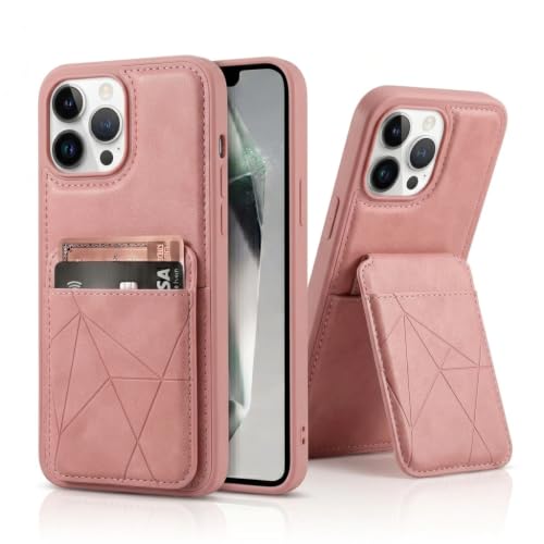Image of amazon basics Premium Vegan Leather Back Cover with Card Holder and Integrated Mobile Stand for iPhone 15 Pro Max - Slim Shockproof Wallet Case with Geometric Stitching [Pink]