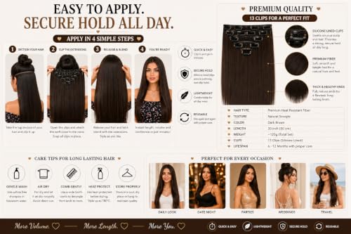 Image of Salon-Grade Dark Brown Straight Clip-in Extensions - 6PCS Synthetic Hair Volumizer with 13 Secure Clips for Instant Volume & Realistic Blend