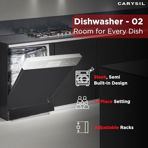 Image of Carysil Semi Built-in Dishwasher DW-02, A++ Energy Class, 12 Place Setting, 6 Wash Programs, Touch Control, Water Consumption 11Ltr /cycle, 49 dBA Low Noise, Detergent Automation, Stainless Steel