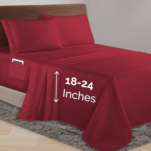 Elegant Comfort Luxurious 1500 Premium Hotel Quality Microfiber 4-Piece Sheet Set, 18-24 Inches Deep - Extra Deep Pocket Sheets - Ultra Soft 4PC Deep Pocket Sheets, King, Burgundy