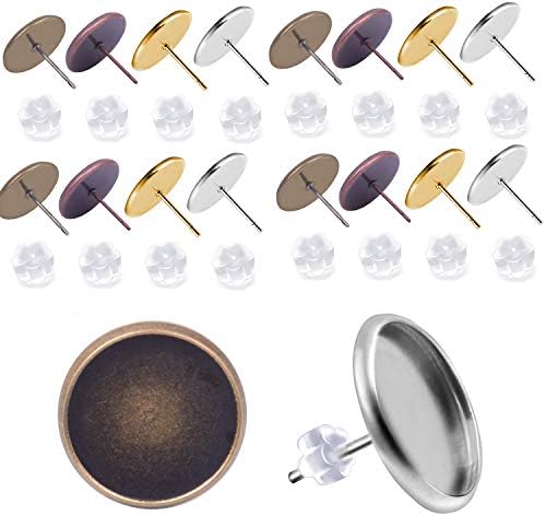 Jdesun 40 Pieces Cabochon Earring Settings with 40 Pices Rubber Backs, Stainless Steel Stud Earring Cabochon Setting Post Cup Fit for 10mm (4 Colors)