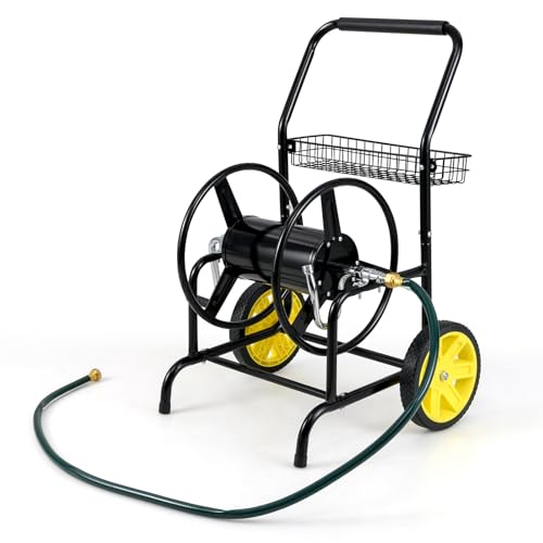 COSTWAY Schlauchwagen Metall, 70 m für 20 mm Schlauch, Gartenschlauchwagen mit 2 Gummirädern, Korb & Kurbel, Schlauchtrommel fahrbar, Schlauchabroller für Garten Balkon, 76 x 55 x 92 cm (Schwarz)