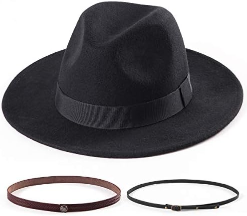 Felt Wide Brim Fedora Hats for Women Men, with Band Belt Buckle, Adjustable