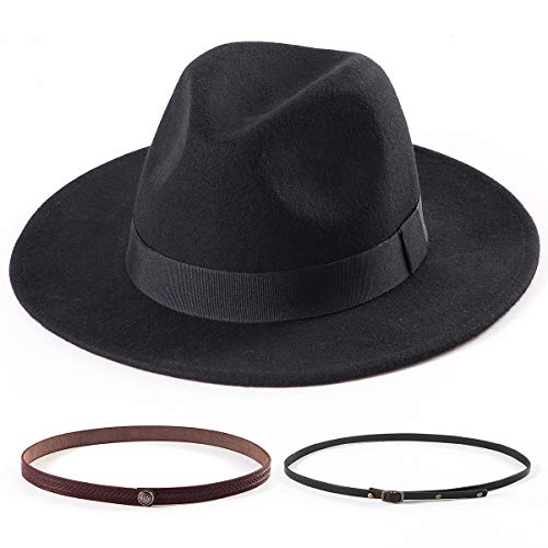 LADYBRO Fedora Hats for Women Wide Brim Hat, Incld 3 Decor Belts, Wool Felt, 58cm Adjustable Women's Fedora