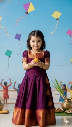 Image of R P CREATION Kids Silk Lehenga Choli Set | Zari Bordered Ghagra Choli | Traditional Ethnic Wear for Weddings, Poojas & Festivals