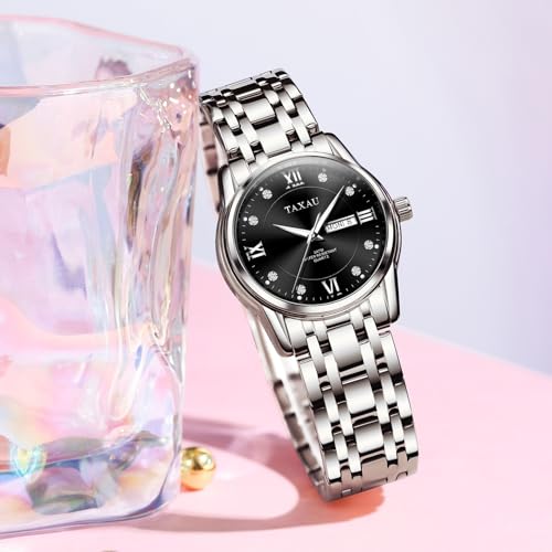 Taxau Watches for Women Luxury Diamond Women Watch Waterproof Stainless Steel Women's Wrist Watches for Small Wrist Luminous Business Dress Ladies Watch Minimalist Casual with Day Date Black Face by Taxau - Used condition - Image 7