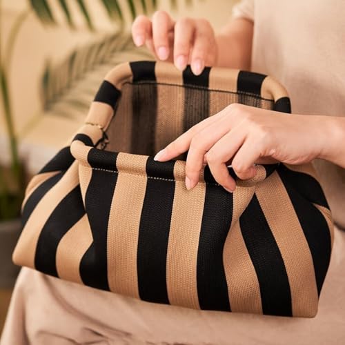 Image of Kawn Women's Striped Crochet Clutch Purse | Woven Handcrafted Shoulder Handbag | Kiss-Lock Dumpling Style Evening Clutch for Daily Use & Outings