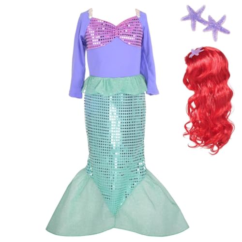 Lito Angels Disfraz Sirenita Princesa Ariel con Peluca de Pelo para Niñas, Vestido Sirena Talla 7-8 años, Morado (Número de etiqueta 130)