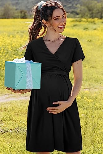 Image of OUGES Maternity Nursing Dress Breastfeeding Short Sleeve V Neck Casual Pregnancy Clothes with Pockets