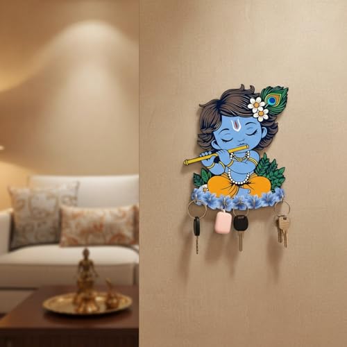 Image of JIVAY Baby Krishna Decorative Wall Mounted Key Holder for Home | Wooden Key Hanger with 7 Hooks | Designer Key Stand for Living Room, Entrance & Office | Home Decor Gift Item (Blue Krishna Key Holder)