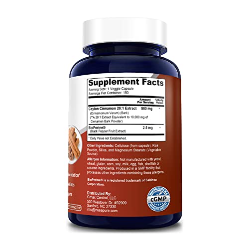 Nusapure Ceylon Cinnamon 10,000Mg Per Caps | 150 Veggie Capsules | Non-Gmo, Gluten-Free, Vegan With Bioperine #TOP1