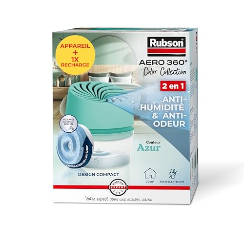 Rubson – Absorbeur d'Humidité Aero 360° Couleur Azur (1 appareil + 1 recharge de 450 g) – Absorbeur anti-humidité pour pièce jusqu'à 20 m² –...