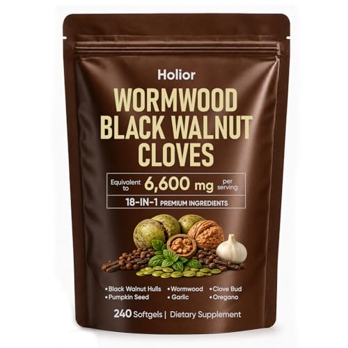 Holior 18-in-1 Black Walnut & Wormwood Herbal Blend for Humans Digestive & Gut Balance Support with Turmeric Garlic Clove Pumpkin Seed & Oregano Daily Use for Adults 240 Count(1)