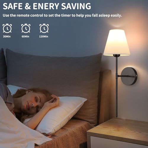 Image of Battery Operated Wall Sconce Set of 2,15 Colors Wireless Wall Light With Dimmable Remote Control Last 18-50 Hours,Black Rechargeable Wall Lamp With White Fabric Shade For Living Room Bedroom Hallway
