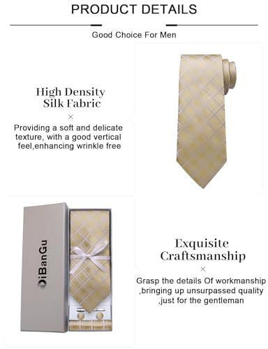 Image of DiBanGu Plaid Ties for Men Silk Checkered Necktie and Pocket Square Cufflinks Tie Clip Set with Gift Box for Wedding Business