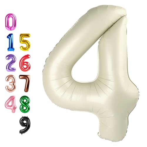 Image of 4 Balloon 40 inch Cream Number Balloons for 4th Birthday Party Decoration | Saturated Color, Large 40 inch, With Inflation Straw & Hanging Holes, Great for Wedding, Anniversary, Thanksgiving, Christmas