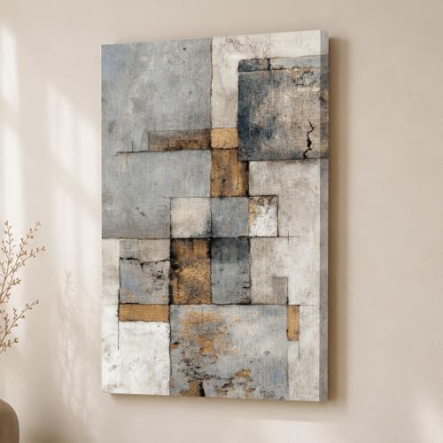 Image of Abstract Textured Stretched Canvas Painting For Living Room | Concrete Geometric Stretched Canvas Wall Art For Livingroom Home Decor, Bedroom, Hallway's, Office, Hotel - 56x86 cm