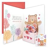 Decorably Glittery 5x7in Handmade Individual Pop Up Valentines Day Card for Loved Ones, Friends, Anyone, with Bear Cutout, Envelope and Stickers, with Printed Message Inside