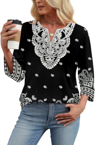 Image of WIHOLL 3 /4 Length Sleeve Womens Tops Boho V Neck Lace Shirt Trendy Blouses Dressy Casual Vacation Clothes S-3XL