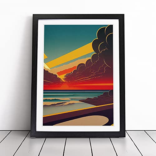 Image of Art Deco Ocean Sunset Framed Wall Art Print A2 Black