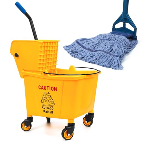35 Quart Commercial Mop Bucket with Side Press Wringer on Wheels and 1 Industrial Mop for Floor Cleaning Use at Home Business Area Janitorial Supplies Rectangular