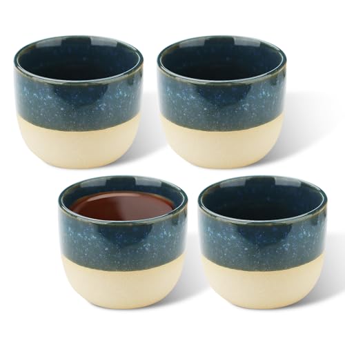 Fatiya Juego de 4 tazas de café expreso de porcelana de 120 ml, taza de café expreso sin asa, taza demitasse de gres semiesmaltada para café moca, latte, capuchino, té, bebidas de vino (azul)