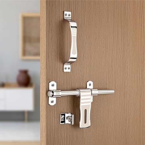 Image of COMPASS D-Cut Stainless Steel Heavy Double Door Fitting Accessories Full Set /Kit (1 Aldrop, 1 Latch, 4 Handles, 2 Tower Bolt and 2 Door Stopper | 12 inch | SS Finish