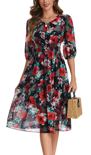 Image of Kormei Women Casual Boho Floral Round Neck 3 /4 Sleeve Smocked Waist Tiered A Line Flowy Swing Midi Dress Long Dresses