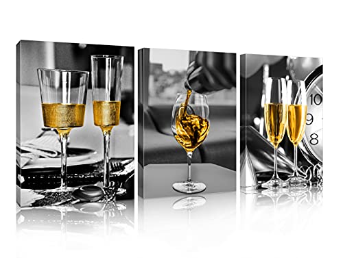 Kitchen Wall Art Dining Room Decor Wine Champagne Glass Black and White Framed Canvas Prints Artwork for Living Room and Kitchen Decorations