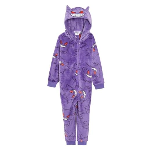 Pokemon Mono para niños y niñas, traje de dormir con capucha 3D, pijama de forro polar con cremallera, Gengar, 11-12 años