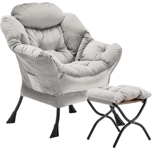 Youtanic Lazy Chair with Folding Ottoman, Accent Chair Velvet Upholstered with Metal Structure and Non-Slip Pads, Sofa Armchair with Footrest and Side Storage Bag for Dorm, Room, Office, Light Gray